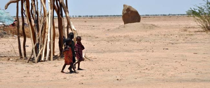 Ethiopian pastoralist children walk in the arid lands of Dire Dawa.