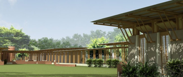Computer-generated 3-D visualization of the pediatric clinic to be built in East Africa, showing the use of local materials and 