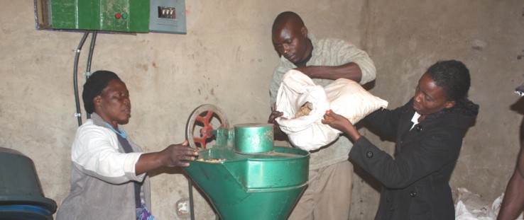 Vainess Phiri, right, and company load peanuts into the expeller.