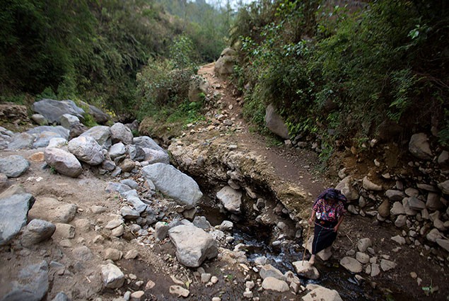 A woman steps across stones on a dirt path in rural Guatemala