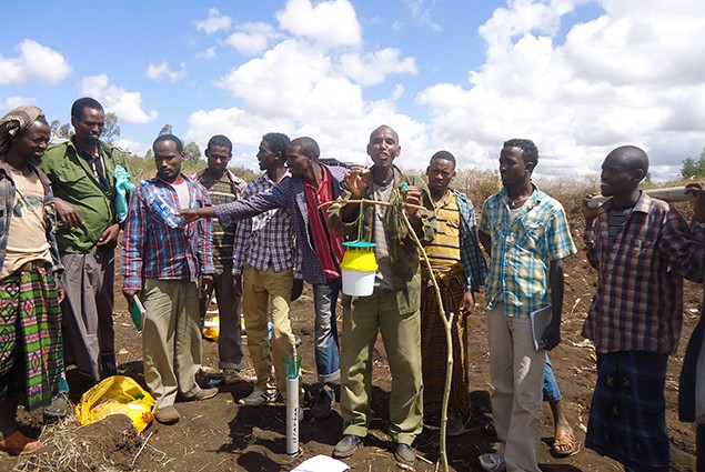 Farmer forecasters and MoA staff gathered around an OFDA supplied pheromon trap in Fedis, Ethiopia