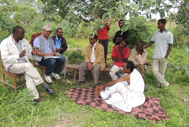 OFDA staff discussing CBAMFEW project with farmers and MoA staff in Awasa, Ethiopia