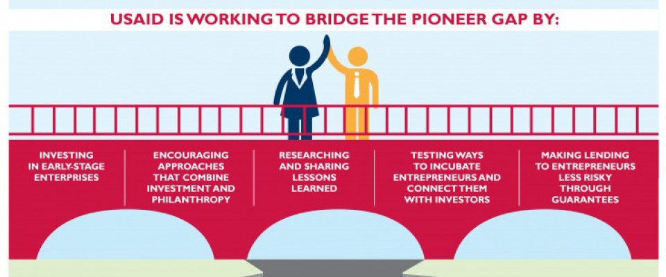 USAID is working to bridge the pioneer gap by: investing in early stage enterprises, encouraging approaches that combine investment and philanthropy, researching and sharing lessons learned, testing ways to incubate entrepreneurs and connect them with investors, making lending to entrepreneurs less risky through guarantees.