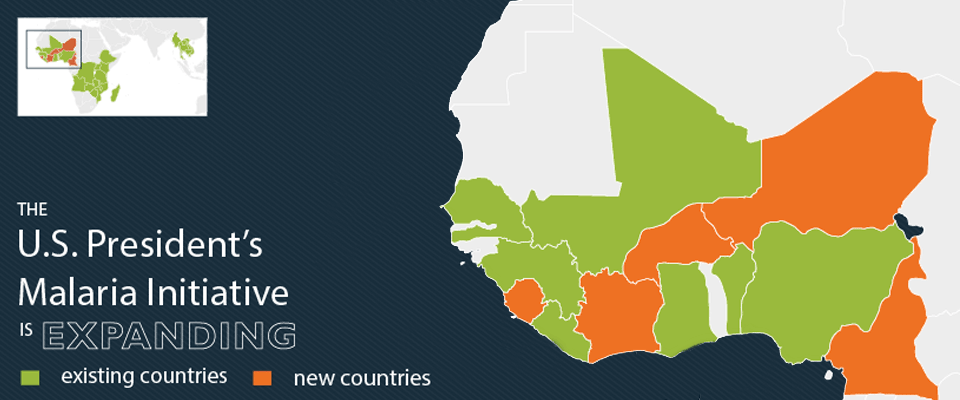 The U.S. President's Malaria Initiative is expanding  Shows map of Africa.