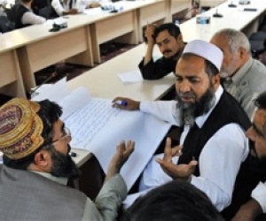 Afghan turbine manufacturers from across the country engage in group discussions during a needs assessment workshop held at the 