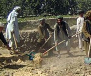 Local laborers in Arghandab, Kandahar, start construction on a rural road.