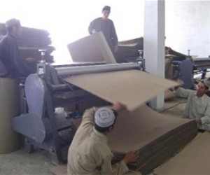 Box factory employees make cardboard sheets during the box-production process.