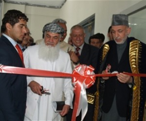 President Hamid Karzai and Minister of Energy and Water Ismail Khan inaugurating the power line from Uzbekistan to Kabul.