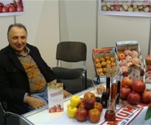 An Afghan entrepreneur displays his fresh fruit at the trade fair in Moscow.