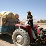 Abdul Aquil, at the wheel of his tractor, brings crops to market on the Jaghatu to Rashidan road. "The road increases trade betw