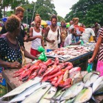 Surveyors for the Solomon Islands’ Ministry of Fisheries and Marine Resources interview vendors at a fish market in the capital 