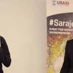 Emin Hodzic (L) and Adnan Mujic present their winning Light Docs business concept at the Balkan startup competition in May 2014.