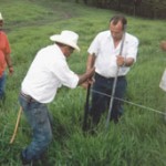 Farmer to Farmer volunteers work together with Nicaraguan cattlemen to install an electric fence. 