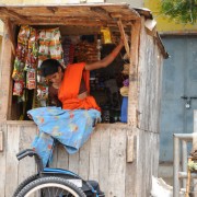 Lalithamma’s new wheelchair allows her greater independence, including moving about to buy materials for her shop.