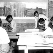 James Walden (standing) works with students in the design studio in 1962.