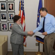 Chargé d’Affaires Richard Jones administering the oath of office for Anne Patterson, USAID Lebanon's new Mission Director.