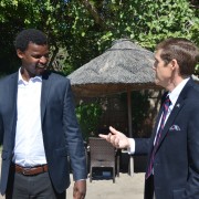 Ambassador Miller discusses the USAID initiative and its community-rooted approach with YALI Fellow, Monametsi Sokwe. 