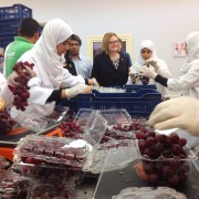 USAID/Egypt Mission Director Dr. Mary C. Ott speaks with employees packaging GlobalGAP and FairTrade certified grapes.