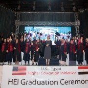 USAID/Egypt Mission Director Sherry F. Carlin with the 52 women HEI MBA graduates at their graduation event.