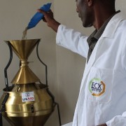 A certified Q-Grader demonstrates the Boerner conical sample divider to make homogeneous work samples.