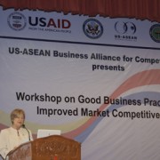 USAID Cambodia Mission Director Rebecca Black addresses workshop on good business practices for improved market competitiveness.