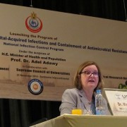 USAID/Egypt mission director, Dr. Mary C. Ott, speaks at the launch of a program to decrease hospital infections.