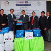 From (third left) U.S. Deputy Chief of Mission to Lao PDR Michael Kleine presented 120,000 mosquito nets to the Deputy Minister of Health, H.E. Assoc. Prof. Dr. Phouthone Muongpak during a ceremony in Vientiane.  