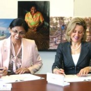 Nisha Biswal (left), U.S. Agency for International Development (USAID) Assistant Administrator for Asia, and Amanda Ellis (right