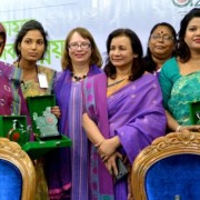 Image of USAID/Bangladesh Mission Director Janina Jaruzelski and women champions in Dhaka.