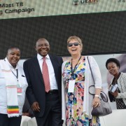 Mission Director Cheryl Anderson with Deputy President of SA, Cyril Ramaphosa and Ms. Steve Letsike of SANAC on the left and XDR