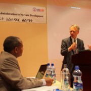 State Minister of Agriculture for Natural Resources Sileshi Getahun, listens to opening remarks by USAID Ethiopia Mission Direct