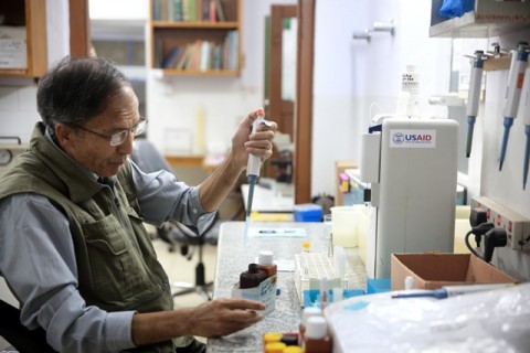 A lab worker in the micro-bacterial research lab at Anandaban Hospital in Nepal.