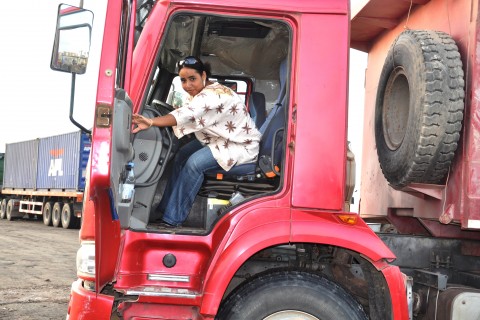 Oumalkaire Omar Djama driving a heavy weight truck at her work place Al Gamil, the largest construction company in Djibouti. 