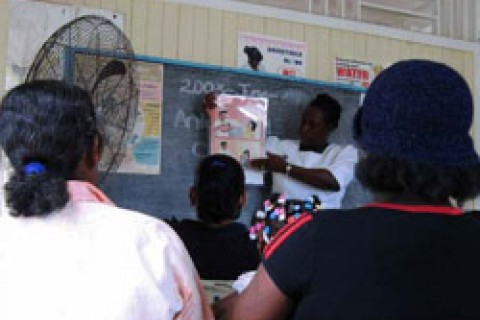 A healthcare professional giving a presentation at a prevention of mother to child transmission group education session.