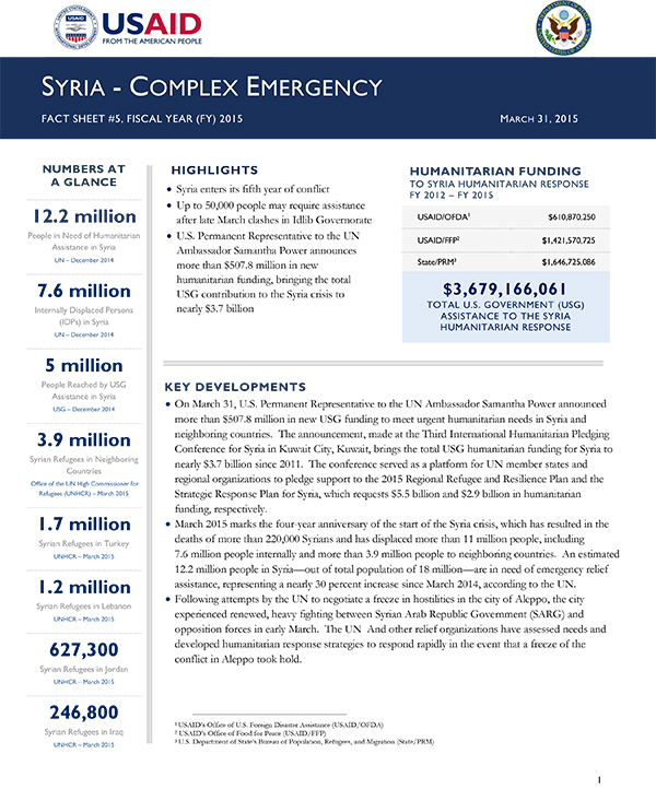 Syria Complex Emergency Fact Sheet #5 - 03-31-2015