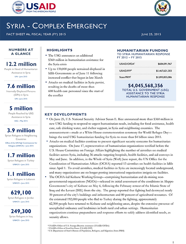Syria Complex Emergency Fact Sheet #6 - 06-25-2015