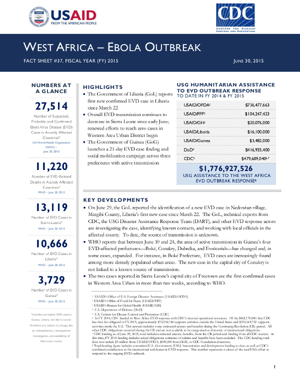 West Africa Ebola Outbreak Fact Sheet #37 - 06-30-2015