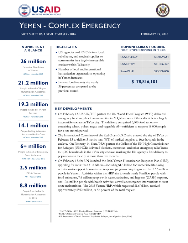 Yemen Complex Emergency Fact Sheet #6 - 02-19-2016