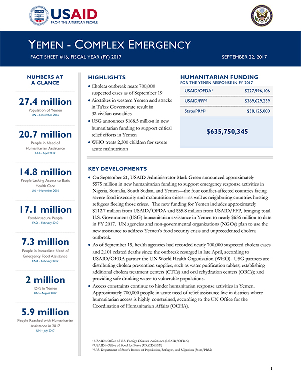 Yemen Complex Emergency Fact Sheet #16 - 09-22-2017
